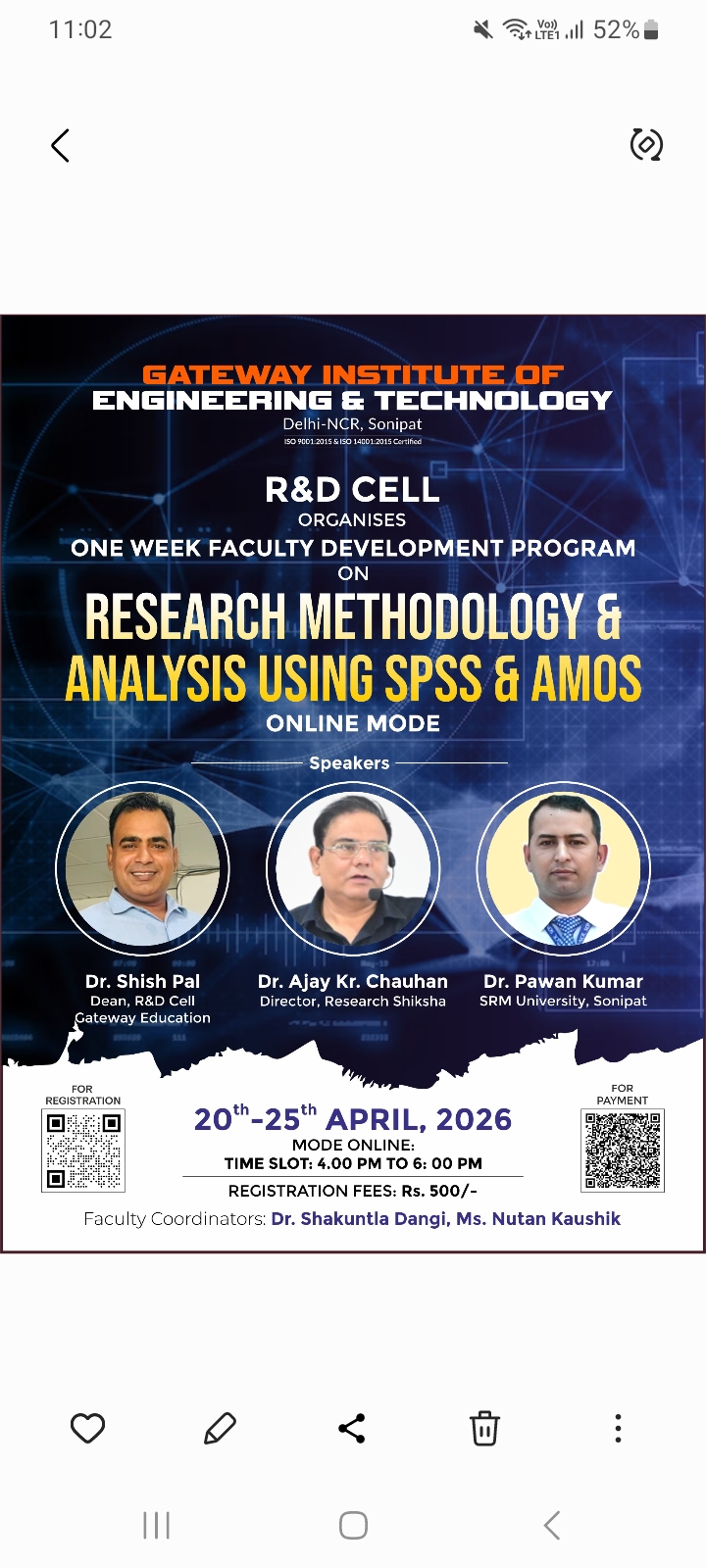 R&d cell of gateway education organized a one week fdp 